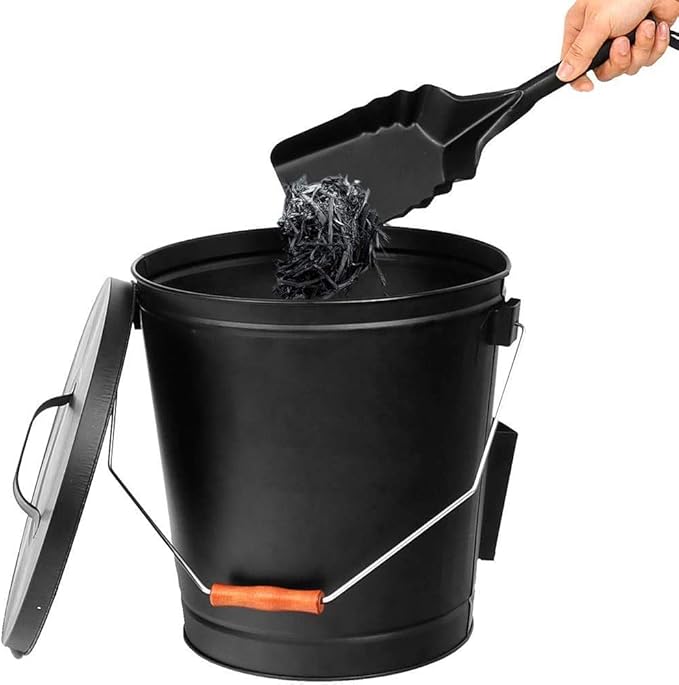 5.15 Gallon Hot Ash Bucket Fireproof Pellet Bucket with Lid and Shovel for Fireplaces, Fire Pits - Black