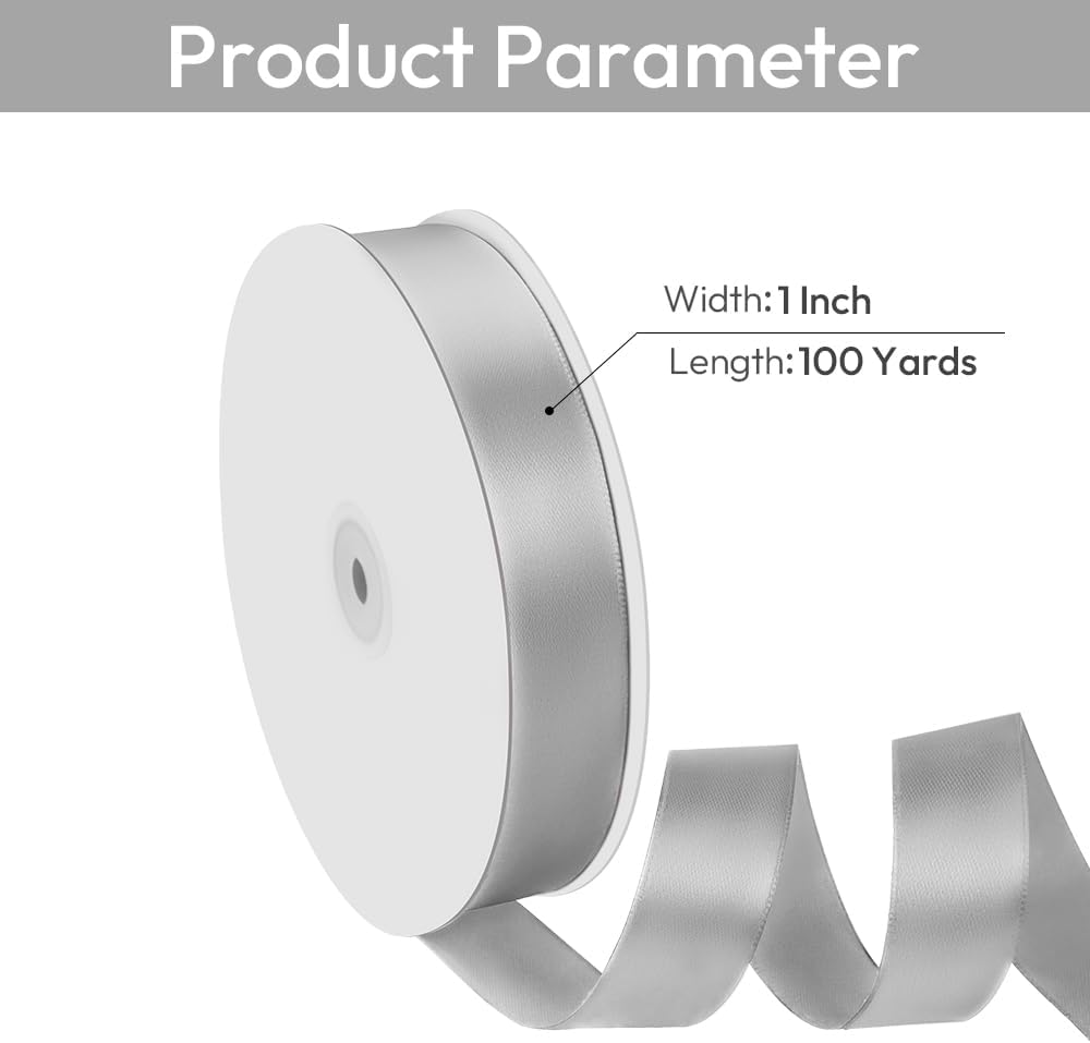 1" Width x 100 Yards Satin Ribbon, Silver Ribbon Perfect for DIY Craft, Bows, Gift Wrapping, Flower Bouquet, Valentine's Day, Christmas and Party Decoration