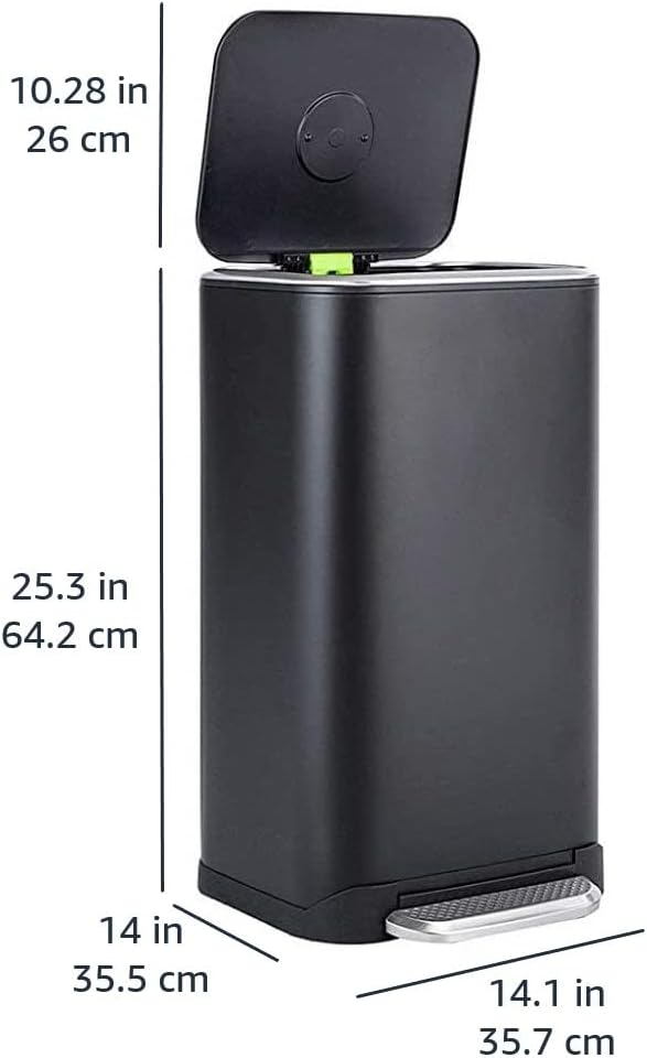 Amazon Basics Rectangular Metal Trash Can With Soft-Close Foot Pedal, 32 liter/8.5 gallon, 14"L x 14"W x 25.3"H, Black