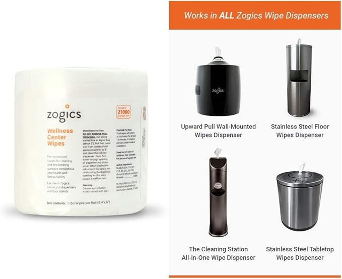 Zogics Wellness Center Wipes and Tabletop Stainless Steel Wipe Dispenser