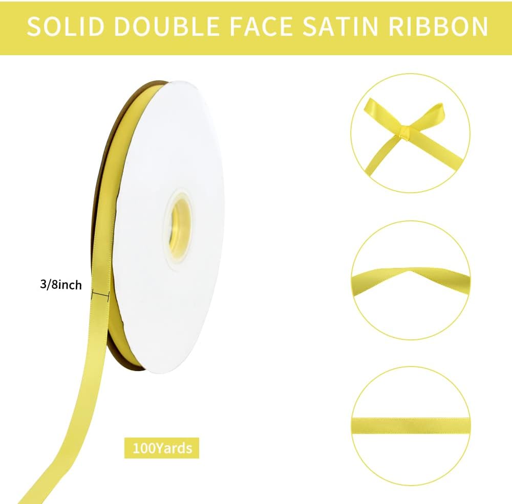 TONIFUL 3/8 Inch x 100yds Lemon Light Yellow Satin Ribbon Thin Solid Fabric Ribbons Roll for Gift Wrapping Invitation Floral Hair Balloons Craft Sewing Party Wedding Decoration Valentine's Day Bouquet