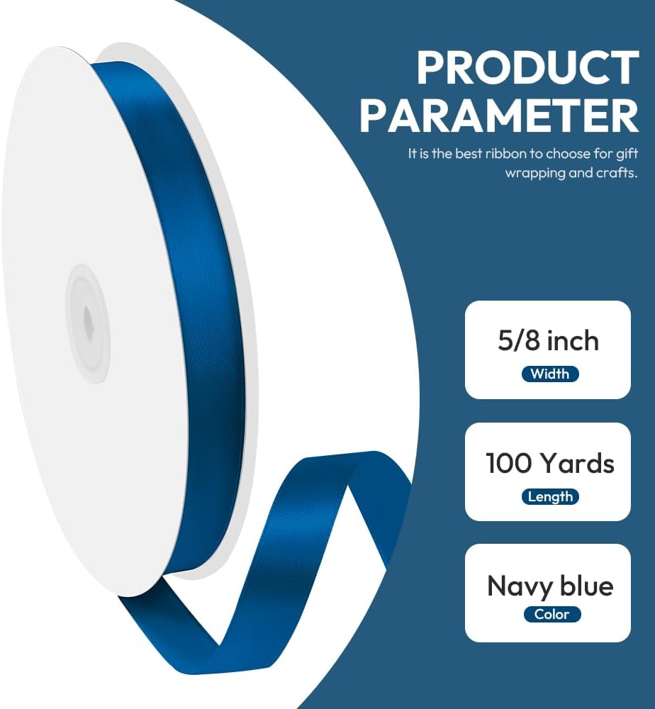 5/8" x 100 Yards Satin Ribbon - Navy Blue Silk Ribbon with Spool - Ideal for Gift Wrapping, Floral Bouquets, Crafts, Wedding Party Decorations, Christmas and Sewing Projects