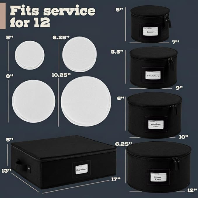 China Storage Hard Shell Containers 5-Piece Set Moving Boxes for Dinnerware, Glasses, Plates, Mugs and Saucers Sturdy Dish Organizer with Dividers for Seasonal Storage - Service for 12 - Black Quilted