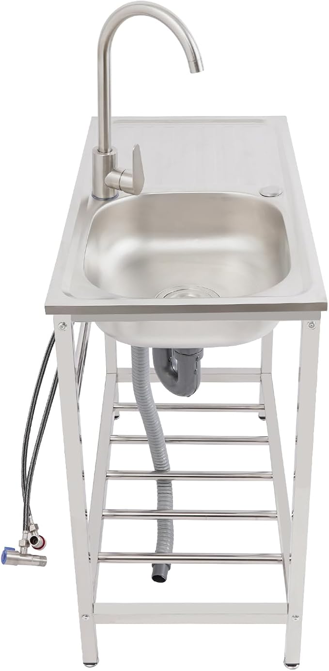 Outdoor Utility Sink, Freestanding Kitchen Sink with Faucet, Utility Sink Freestanding Single Bowl Portable Washing Hand Basin Station with 2 Tier Storage Shelves for Backyard (29.52x 15.74x 29.52in)