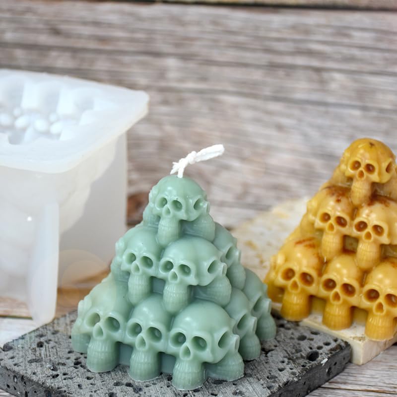 Halloween Skull Head Pyramid Candle Silicone Mold, DIY 3D Carved Skeleton Candle Making Wax Mould Gypsum Ornament Resin Soap Chocolate Mold Home Decor
