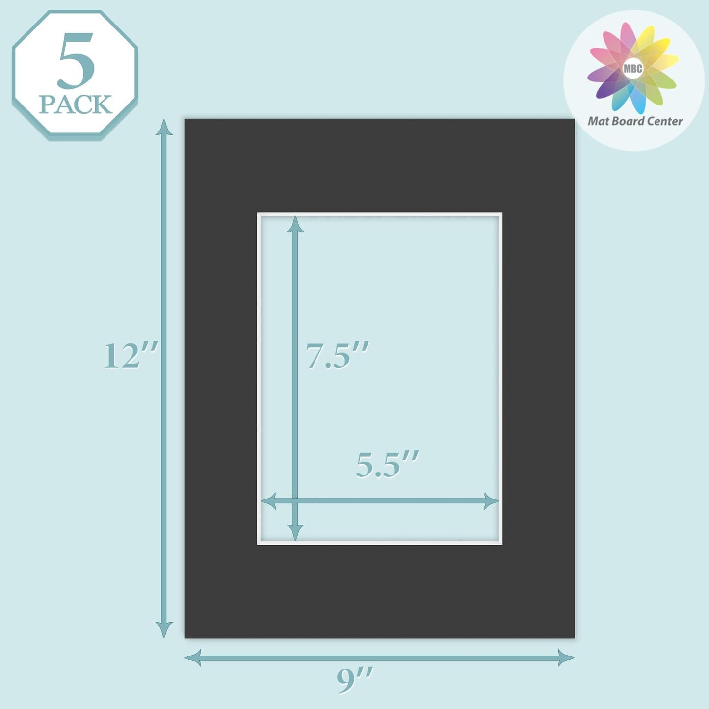 MBC Mat Board Center, 5 Pack 9X12 for 6X8 Black Picture Mats Frame Mattes, Bevel Cut, Acid Free, 4-Ply Thickness