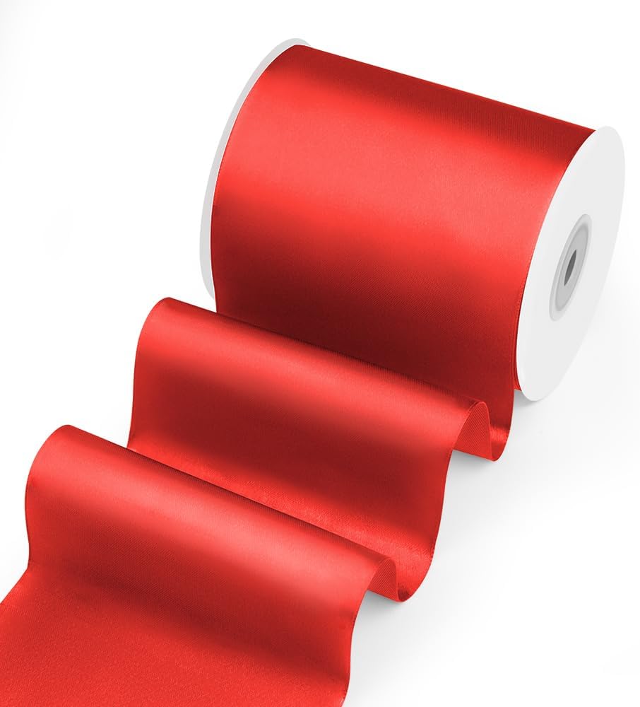4" Width x 25 Yards Satin Fabric Ribbon, Red Ribbon Perfect for Wedding Car, Chair Sash, Grand Opening Ceremony, Big Bows, Embroidery, Floral Crafts, Party Decoration
