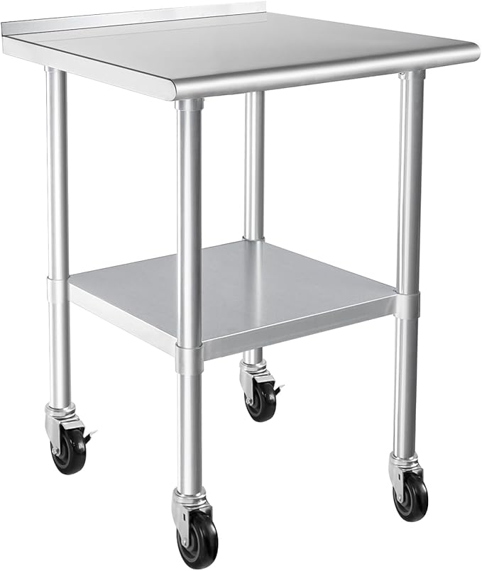 HARDURA Stainless Steel Table 24 x 30 Inches with Wheels Casters NSF Heavy Duty Commercial Prep Table with 2” Backsplash and Adjustable Undershelf for Restaurant Kitchen Home and Hotel