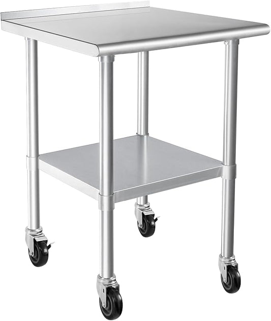 HARDURA Stainless Steel Table 24 x 30 Inches with Wheels Casters NSF Heavy Duty Commercial Prep Table with 2” Backsplash and Adjustable Undershelf for Restaurant Kitchen Home and Hotel