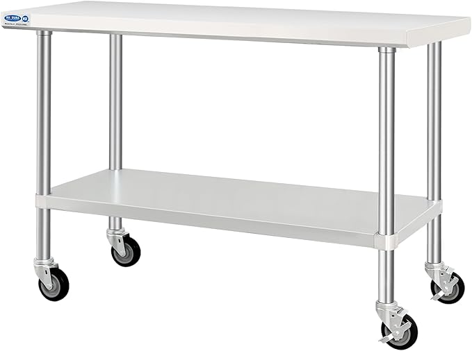 HARDURA Stainless Steel Table with Wheels 24 x 60 Inches Kitchen Prep Table Heavy Duty Stainless Steel Workbench with Aluminium Corner Undershelf NSF 304 Metel Table for Commercial Restaurant