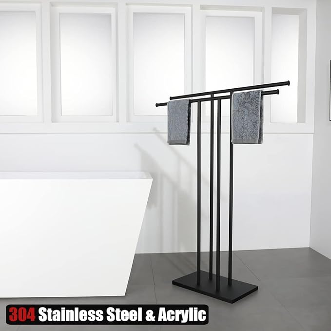 JQK Bath Towel Holder Stand Black, 30 Inch Free Standing Double Towel Rack Shelf for Bathroom Floor, Matte Black, BTH100L30-PB