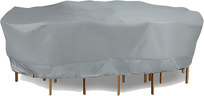 Eevelle Meridian Patio Oval Table Set Cover with Marine Grade Fabric - Outdoor Table Cover - Furniture Set Covers for Dining Table - Easy to Install - (25.5"H x 128"L x 82"W, Silver)
