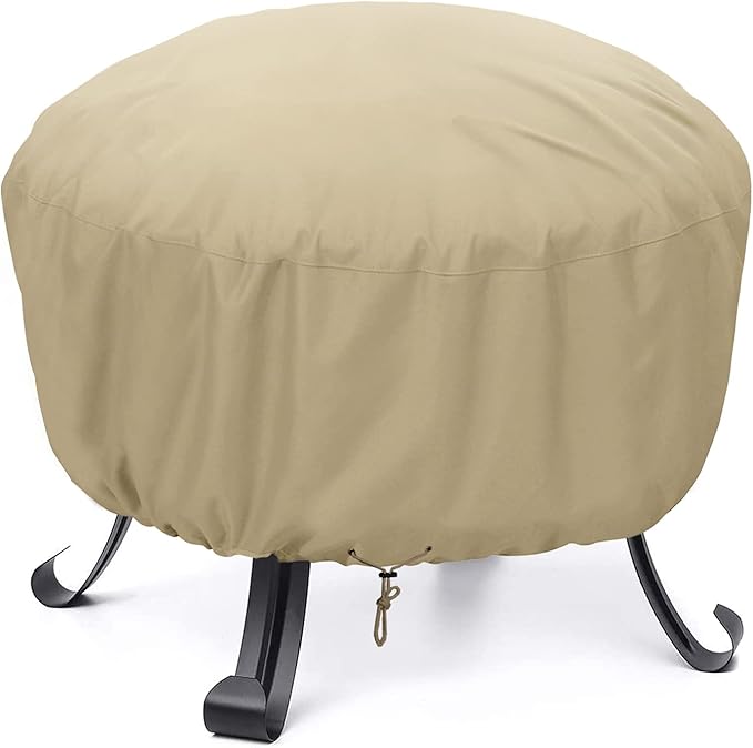 SunPatio Fire Pit Cover 32 Inch, Heavy Duty Waterproof Round Fire Bowl Cover, Small Furniture Ottoman Table Protector, All Weather Protection, Beige