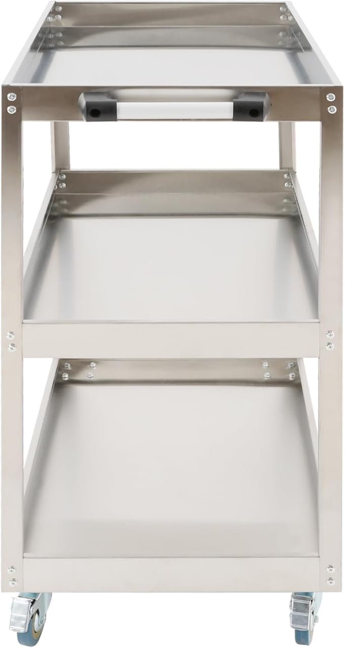 Stainless Steel Utility Cart, Heavy Duty 3-Tier Service Cart with 4 Wheels (2 Locking), 440 lbs Capacity Rolling Cart for Kitchen, Restaurant, Garage, Workshop, Silver