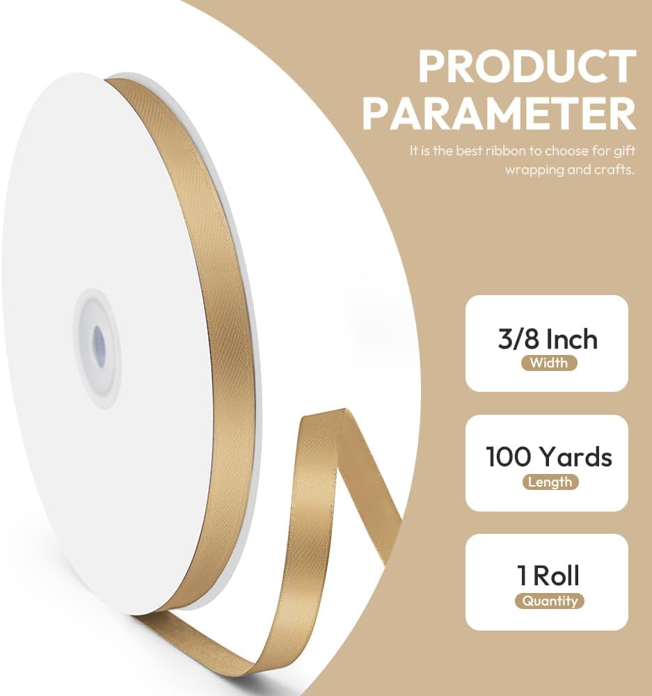 3/8" x 100 Yards Satin Ribbon - Champagne Gold Silk Ribbon with Spool - Ideal for Gift Wrapping, Floral Bouquets, Crafts, Wedding Party Decorations, Christmas and Sewing Projects