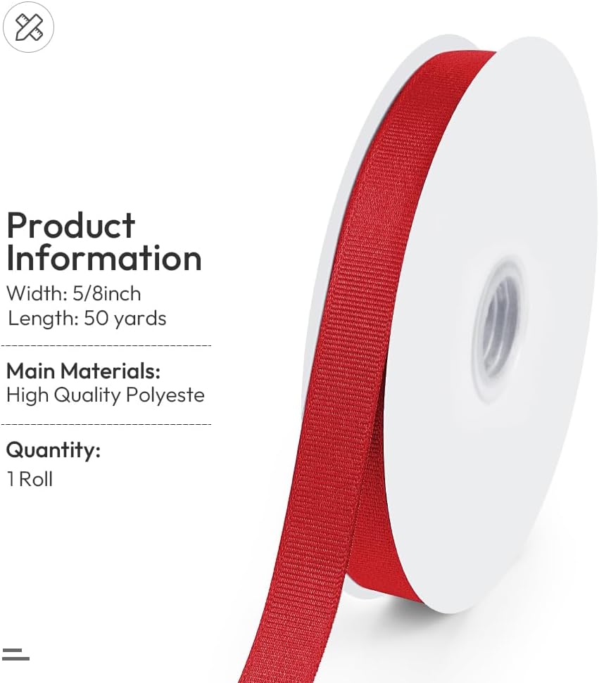 5/8" X 50 Yards Red Grosgrain Ribbon, Premium Grosgrain Ribbon for Sewing, Gift Wrapping, Bow Making, Wedding Decor, Wrapping and More (Red)