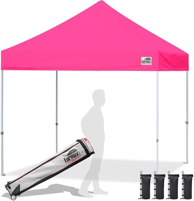 Eurmax USA Standard 10x10ft Patio Pop Up Canopy Tent for Outdoor Events Commercial Instant Canopies with Heavy Duty Roller Bag,Bonus 4 Canopy Sand Bags (Pink)