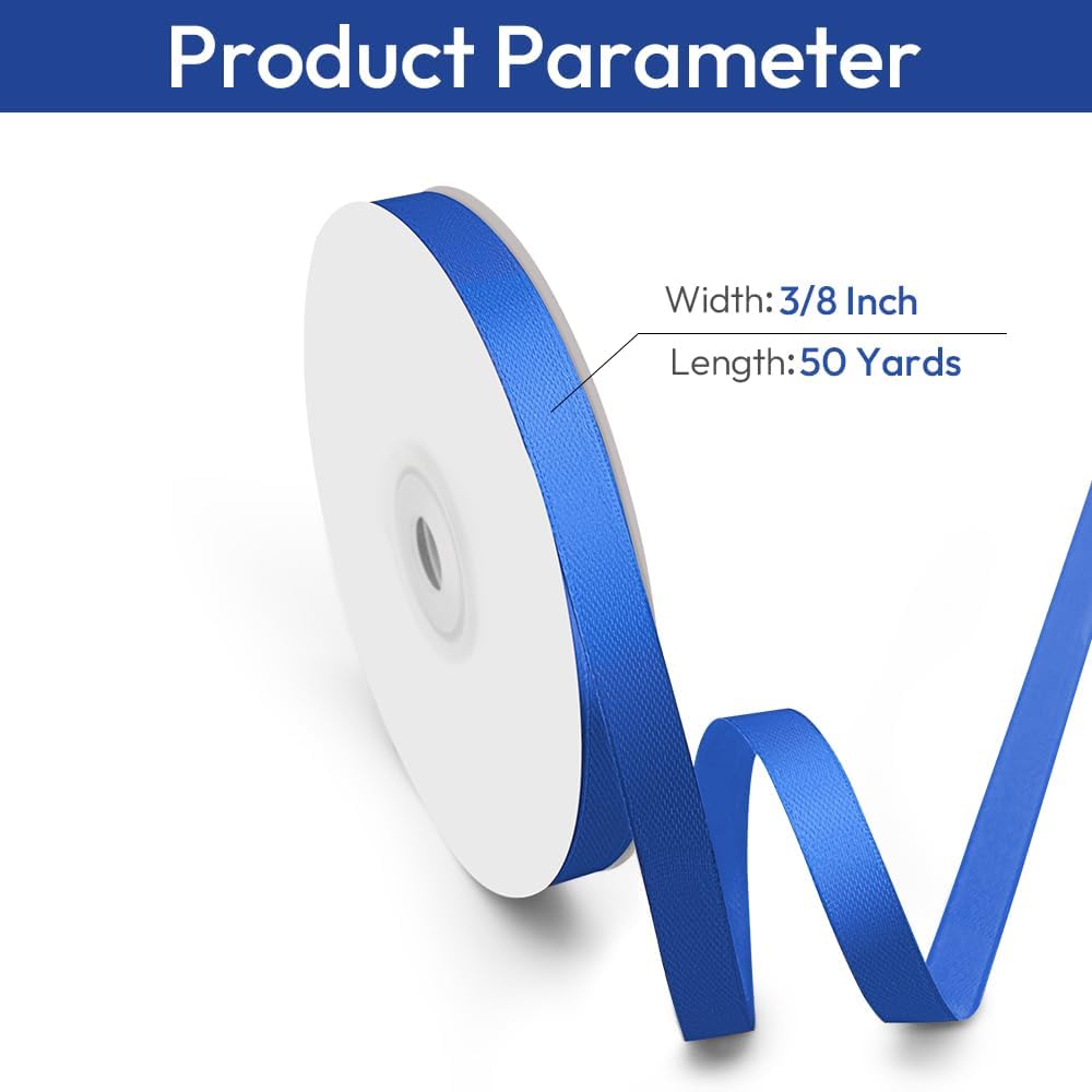 3/8" Width x 50 Yards Satin Fabric Ribbon, Royal Blue Ribbon Perfect for DIY Bows, Swags, Gift Wrapping, Craft, Flower Bouquet，Christmas and Party Decoration