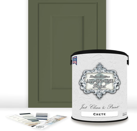 ALL-IN-ONE Paint, Durable cabinet and furniture paint. Built in primer and top coat, no sanding needed. Includes our 30 featured color card - Crete (olive green), Gallon