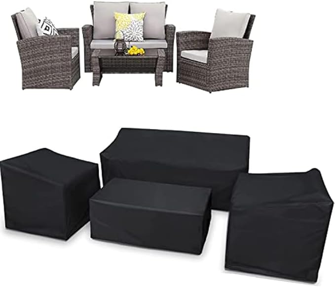 4-Piece Outdoor Furniture Covers, 420D Waterproof Windproof Set for Patio Chairs, Sofa & Table, with Drawstring, Black Oxford Fabric(Black 420D)