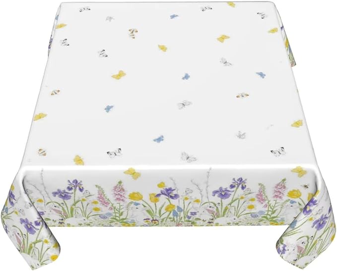Spring Easter Tablecloth 54 x 54 Inch Square, Bunny Colorful Flower Butterfly Decorative Tablecloths Stain Resistance Polyester Rabbit Floral Table Cloth for Holiday Parties Kitchen Dining