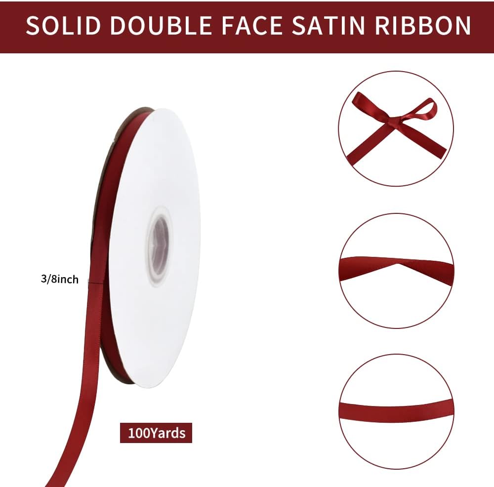TONIFUL 3/8 Inch x 100yds Scarlet Dark Red Satin Ribbon Thin Solid Fabric Ribbons Roll for Gift Wrapping Invitation Floral Hair Balloons Craft Sewing Party Wedding Decoration Valentine's Day