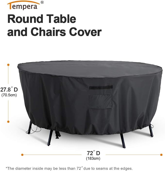 Tempera Round patio furniture covers，Outdoor Round Table Cover , Anti-Fading , Heavy Duty Tear Resistant Waterproof Patio Cover for Outdoor Furniture, 72"D x 27.8"H, Space Grey