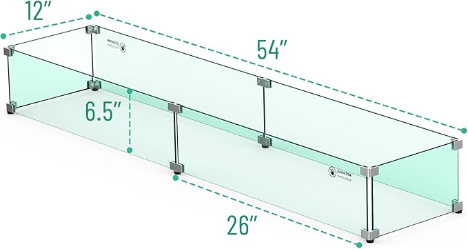 Skyflame Fire Pit Table Glass Wind Guard - 54" x 12", Thick Linear Heat-Resistant Tempered Glass Flame Shields with Hard Aluminum Corner Brackets and Rubber Feet for Propane, Gas, Outdoor