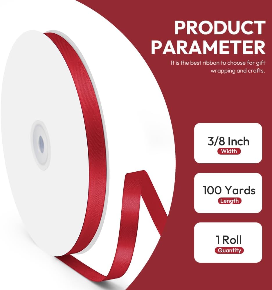 3/8" x 100 Yards Satin Ribbon - Scarlet Silk Ribbon with Spool - Ideal for Gift Wrapping, Floral Bouquets, Crafts, Wedding Party Decorations, Christmas and Sewing Projects