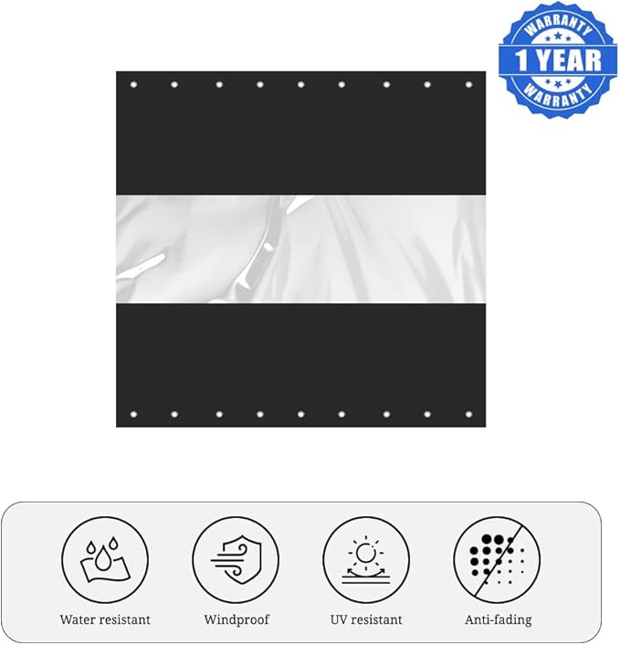 Covers & All Outdoor Clear Panel Curtain, 12 oz Vinyl Outdor Curtains for Patio, Waterproof & Weather Resistant Tarp with Brass Grommets for Pergola, Porch, Gazebos, Balcony (7’ H x 8’ W Feet, Black)