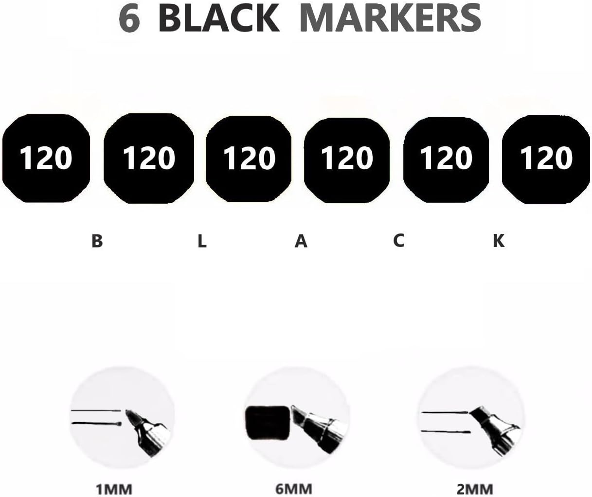 6pcs Black Alcohol Markers Set, Dual Tips Art Markers Drawing Sketched Double Tipped for Beginner Adults Kids(Black)