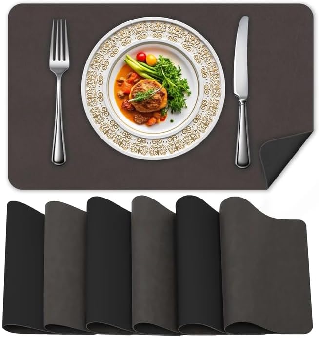 BLESWIN Faux Leather Placemats, PU Dining Table, Waterproof and Oil Resistant Easy to Clean, Heat Resistant Reversible Use Table Mats for Kitchen, Dining Table, Outdoor – 12 × 17 Inch, Coffee&Black
