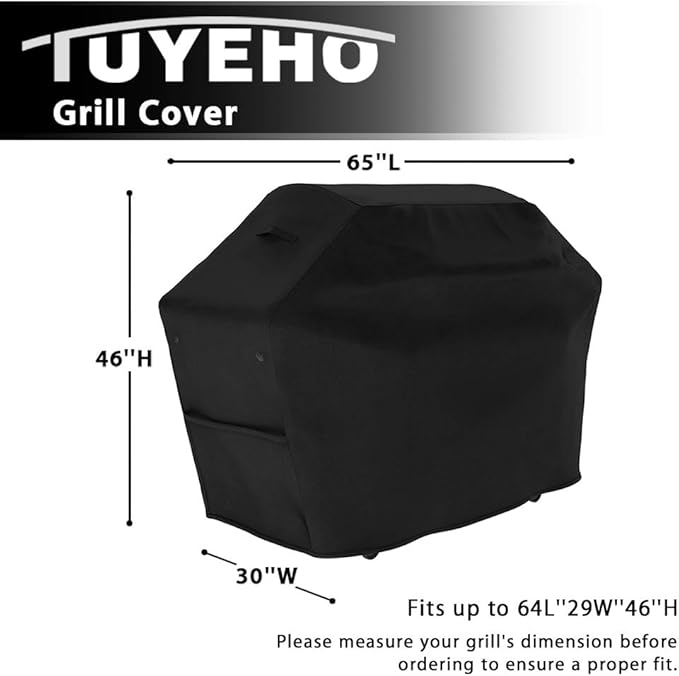 Tuyeho Grill Cover 65 x 30 x 46 inch, 900D Heavy Duty Gas BBQ Cover w/Side Fasteners Straps, Waterproof & Weather Resistant for Your Weber, Char-Broil, Brinkmann, Holland, Jenn Air (Black)