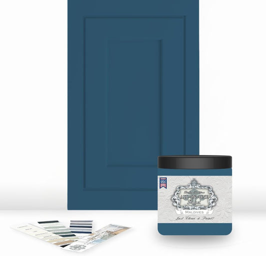 ALL-IN-ONE Paint, Durable cabinet and furniture paint. Built in primer and top coat, no sanding needed. Includes our 30 featured color card - Maldives (royal blue), 8oz Sample