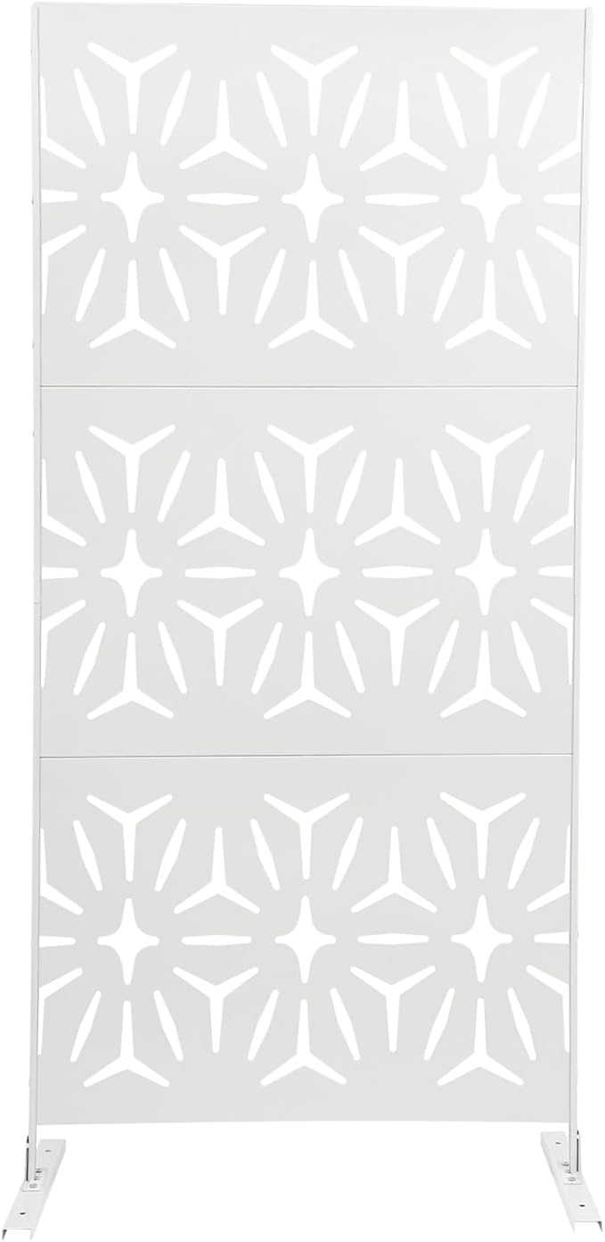 75" H×35" W Decorative Outdoor Privacy Screen with Stand, Outdoor Decor Privacy Fence Screen Metal Fence Panels, Free Standing Metal Divider for Patio Lawn Deck (White-Small Rhombus)