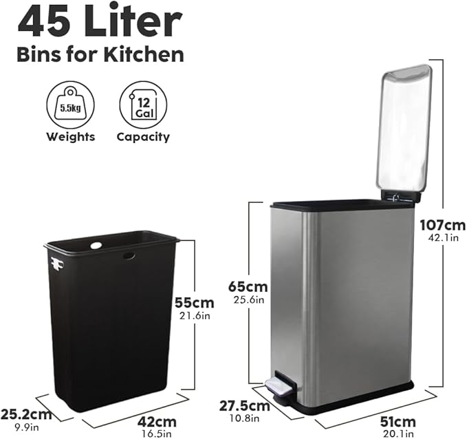 12 Gallon Slim Trash Can Kitchen, Stainless Steel Trash Can with Removal Inner Bucket and Soft-Close Lid, Pedal Garbage Can 45 Liter, Kohler Grey