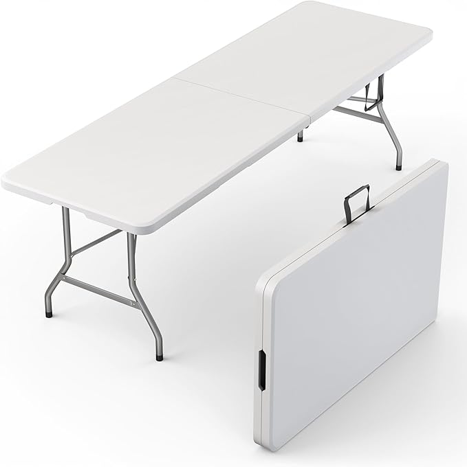 8 Feet Foldable Table with Built in Handle & Steel Legs | Heavy Duty Portable | Perfect for Party, Dining, Wedding, Events, Picnic Indoor, Outdoor, Camping, Utility, Temporary