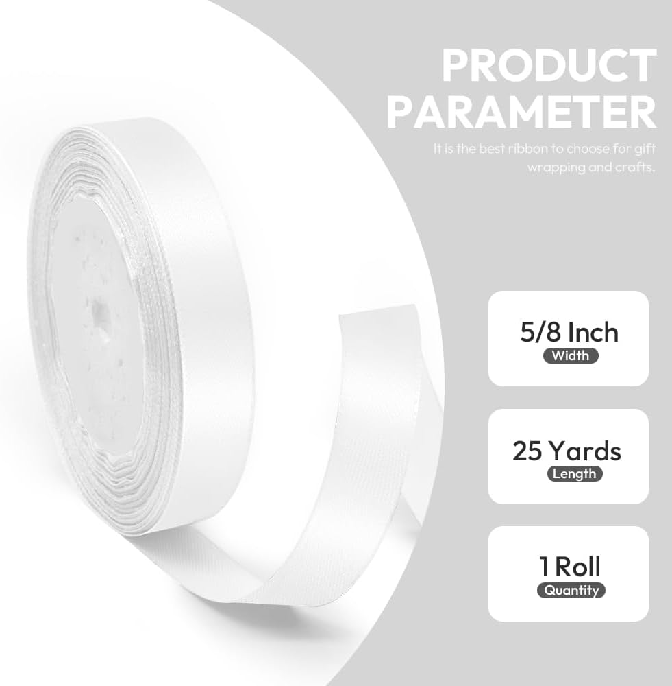 5/8" x 25 Yards Satin Ribbon, White Silk Ribbon Ideal for Gift Wrapping, Floral Bouquets, Crafts, Wedding Party Decorations, Christmas and Sewing Projects