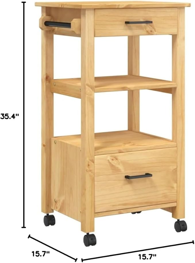 Kitchen Trolley Monza Rolling Kitchen Island Cart with Storage, Portable Dining Room Serving Utility Carts, Brown 18.9" x 15.7" x 35.4" Solid Wood Pine KH72A