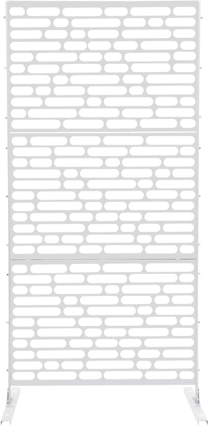 75" H×35" W Decorative Outdoor Privacy Screen with Stand, Outdoor Decor Privacy Fence Screen Metal Fence Panels, Free Standing Metal Divider for Patio Lawn Deck (White-Oval)