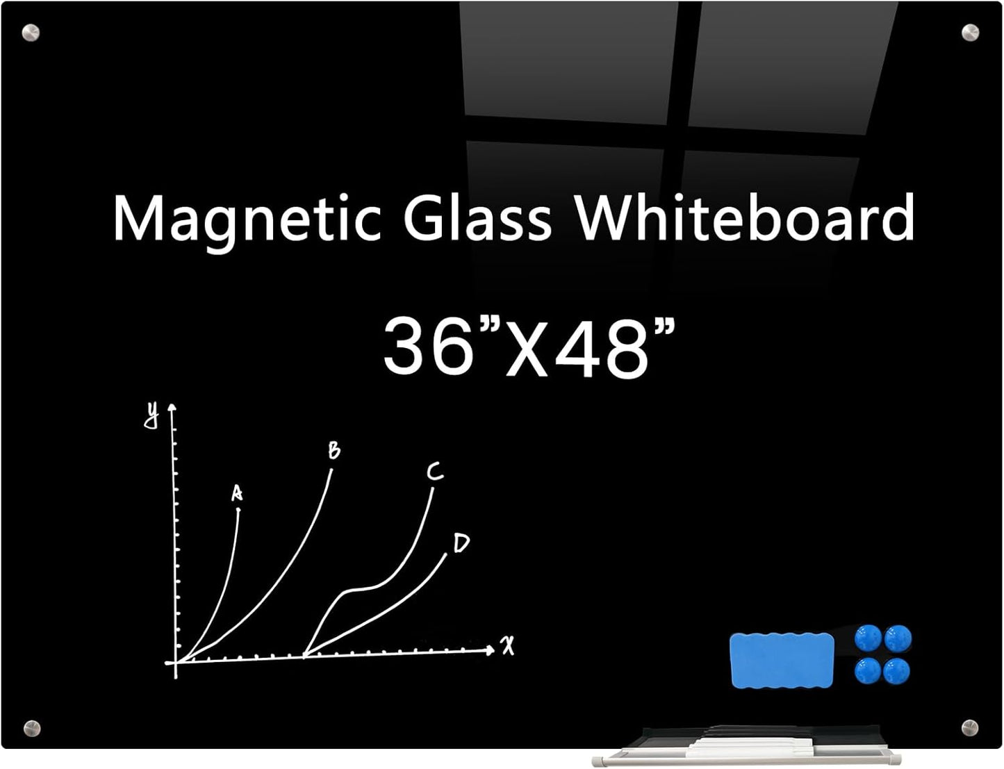 Magnetic Glass Black Board 48"x36" Glass Dry Erase Blackboard Tempered Glass Whiteboard Wall Mounted for Office School Home (Black)