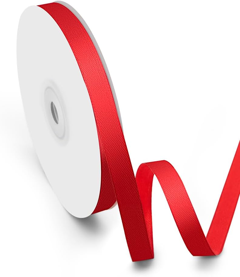 3/8" Width x 50 Yards Satin Fabric Ribbon, Red Ribbon Perfect for DIY Bows, Gift Wrapping, Craft, Flower Bouquet, Christmas and Party Decoration