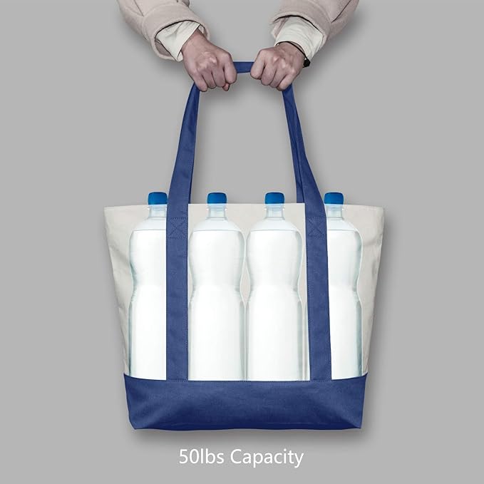TOPDesign 30-Pack Canvas Tote Bags with an External Pocket, Reusable Grocery Shopping Bags, Top Zipper Closure, Daily Essentials (Blue/Natural)