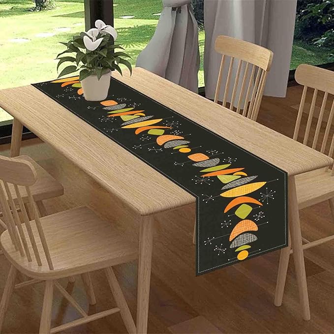 Mid Century Modern Table Runner, Retro 1950s Atomic Modern Abstract Black Orange Coffee Table Center Decor for Home Kitchen Dining Patio Holiday Party Table Decorations, 13"x36" Inch