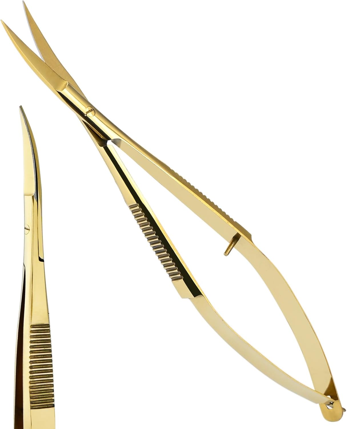 Cross Edge Curved Spring Scissors 5 Inch Stainless Steel Precision Eyebrow & Eyelash Shaping & Trimming Scissor, Snips Squeeze, Embroidery, Knitting Micro Tip Craft Scissors (Gold)