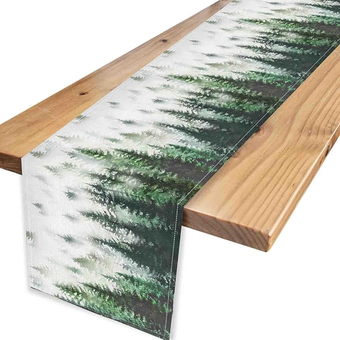 Green Forest Table Runner, Rustic Farmhouse Green Pine Tree Woodland Seasonal Mountain Country Coffee Table Center Decor for Home Kitchen Dining Patio Holiday Party Table Decorations, 13"x90" Inch