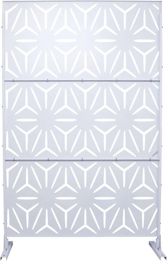 Outdoor Privacy Screen, 76" H x 48" W Decorative Metal Panel, Steel Privacy Divider with Freestanding Base, Ideal for Garden, Patio, or Balcony, White