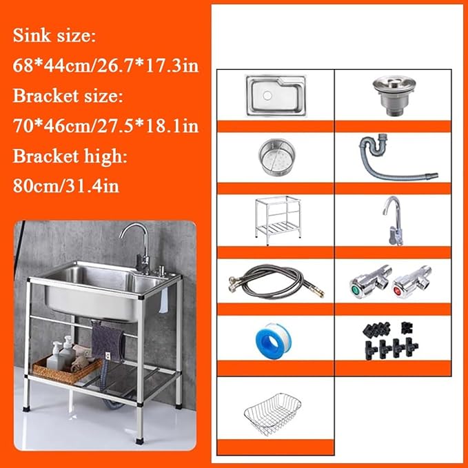 Outdoor Garden Sink Single Trough For Washing, Small Stainless Steel Utility Kitchen Hand Basin Station Sink Tub with Storage Shelve and Faucet, for Restaurant, Bar, Laundry, Garage, Backyard(70*46*80