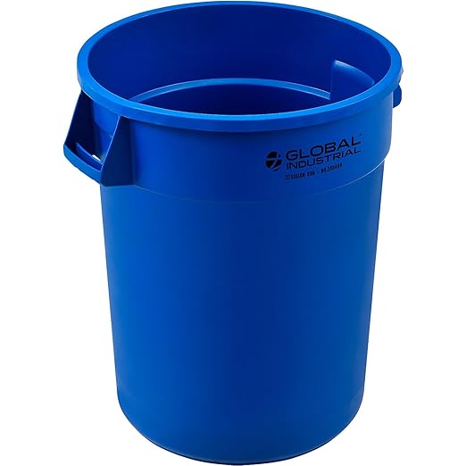 Global Industrial Commercial Round Trash Can, 32 Gallon Capacity, Plastic Garbage Can, Indoor and Outdoor Utility Trash Can, Blue, 21-3/4"W x 27-1/2"H, No Lid