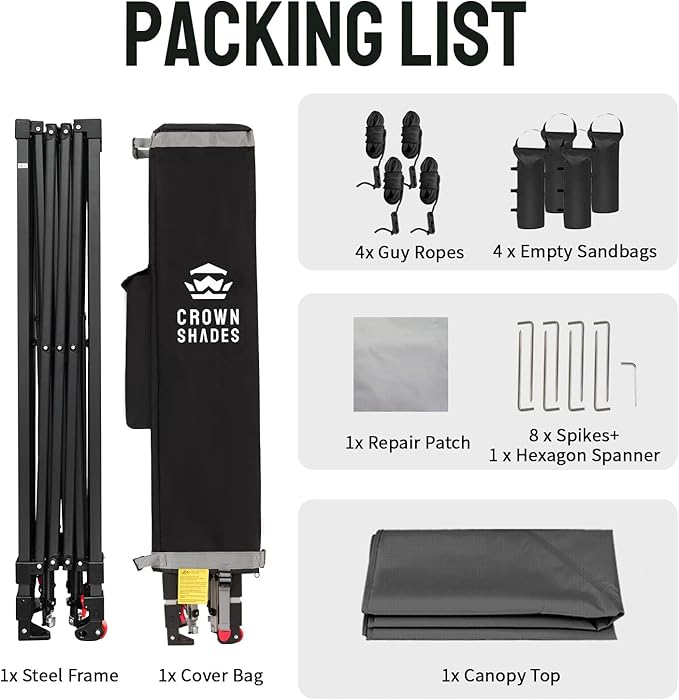 CROWN SHADES 10x10 Pop Up Canopy Tent - Patented Center Lock One Push Instant Outdoor Canopy Beach Tent with STO-N-Go Bag 8 Stakes & 4 Sand Bags，Grid Grey